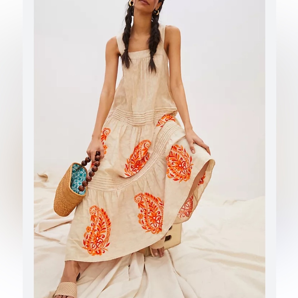 Anthropologie Felicity Tan Embroidered Maxi Dress
